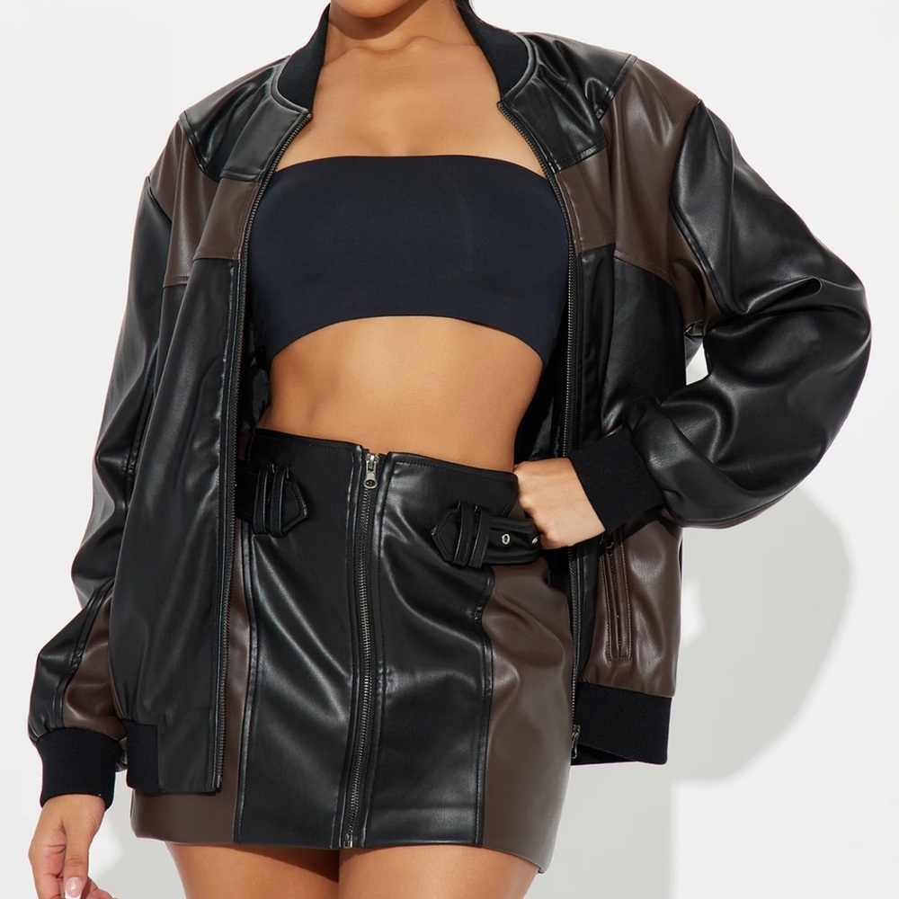 Brown & Black Skirt with Zip Up matching Jacket